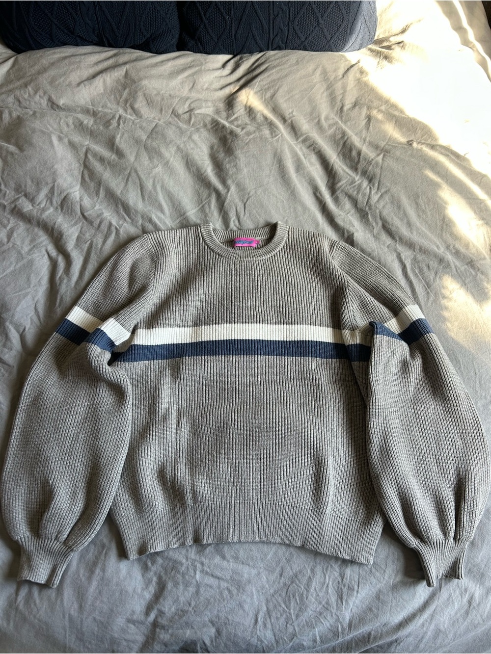 Edikted Grey Crewneck Sweater with Navy & White Stripe